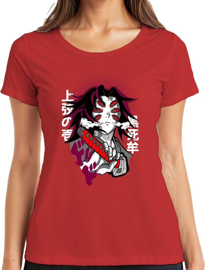 Sechsäugiger Dämon Samurai Anime Katana Manga düster Geschenk Damen T-Shirt, Rot, L