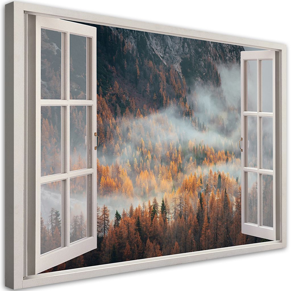Leinwandbild Fenster Herbstnebel in den Bergen 90x60 Feeby Braun bild für die wand bereit zum aufhängen