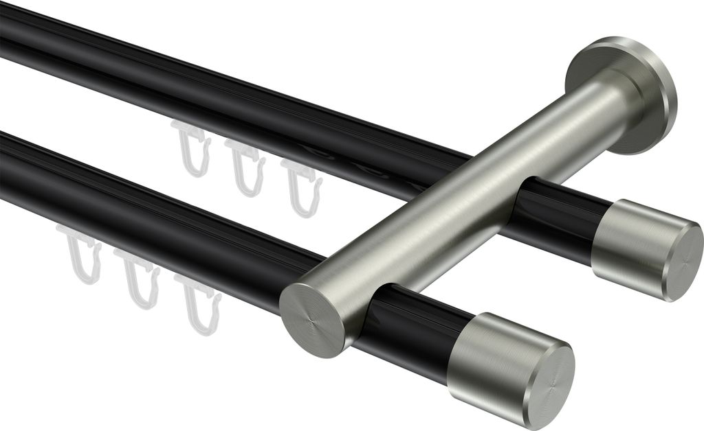 Interdeco Innenlaufstange / Gardinenstange mit Innenlauf Schwarz / Edelstahl-Optik, Typ Platon Santo (Kappe), 20 mm Ø 2-läufig, 240 cm