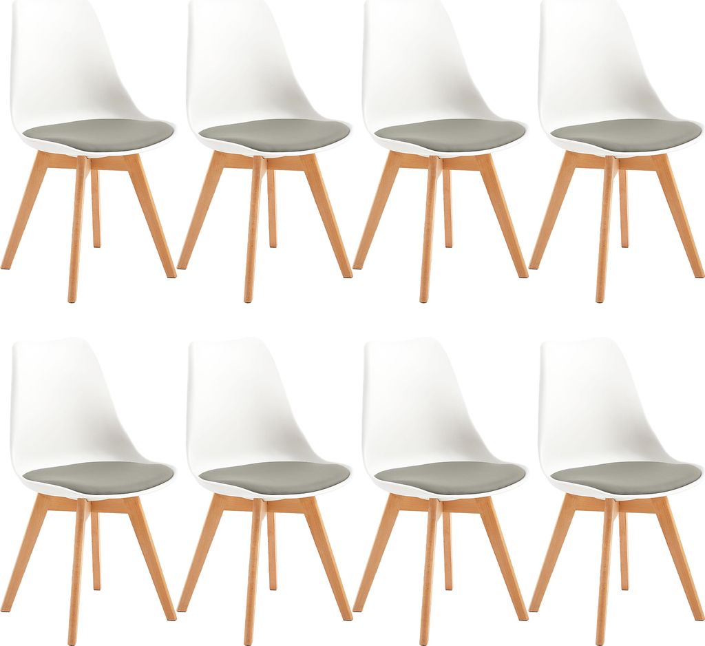 Eight white dining chairs with gray seat cushions and wooden legs are arranged in two rows on a white background.
