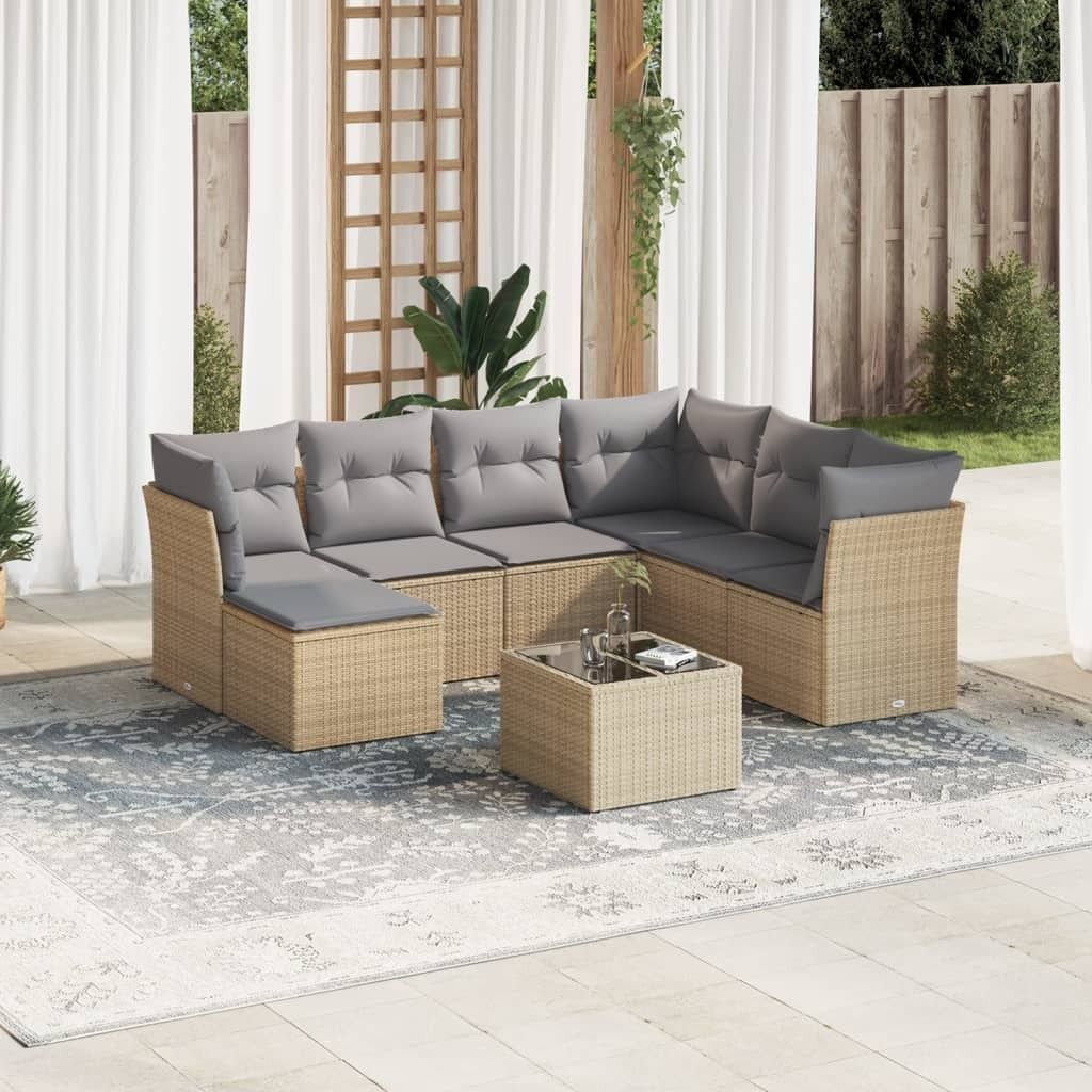 Design 8-tlg. Garten-Sofagarnitur mit Kissen Beige Poly Rattan, Gartenmöbel-Sets 2024 Neu