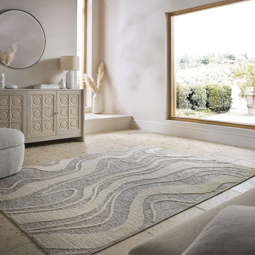 Waschbarer Teppich Abstraktes Wellenmuster, Wohnzimmer schmutzabweisend Grau Rechteckig 160x223 | 100% Polyester