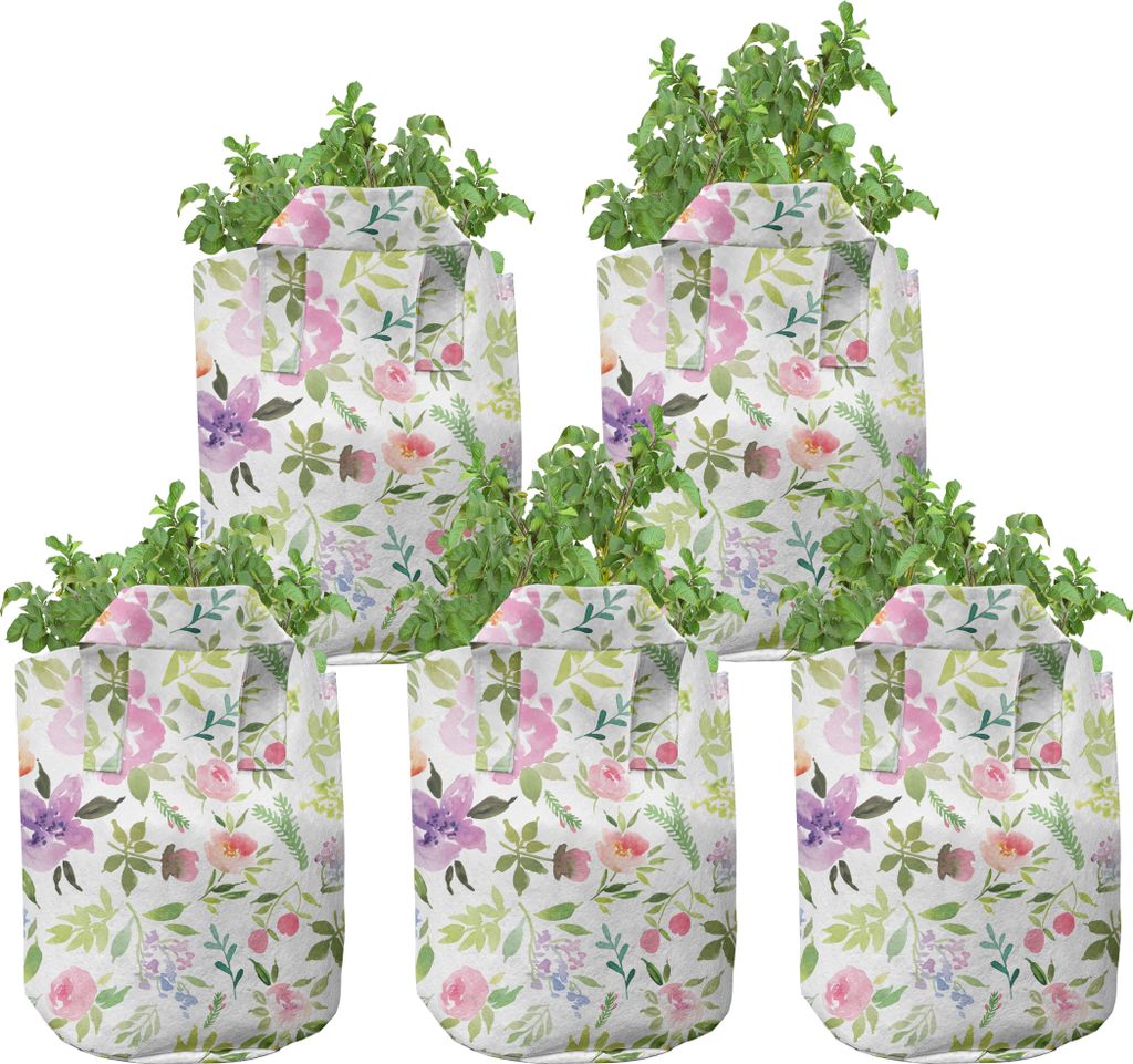 ABAKUHAUS Aquarell Zuchttöpfe 5er-Pack, Sanfte Frühlings-Blumen, hochleistungsfähig Stofftöpfe mit Griffen für Pflanzen, 7 Gallonen, Mehrfarbig
