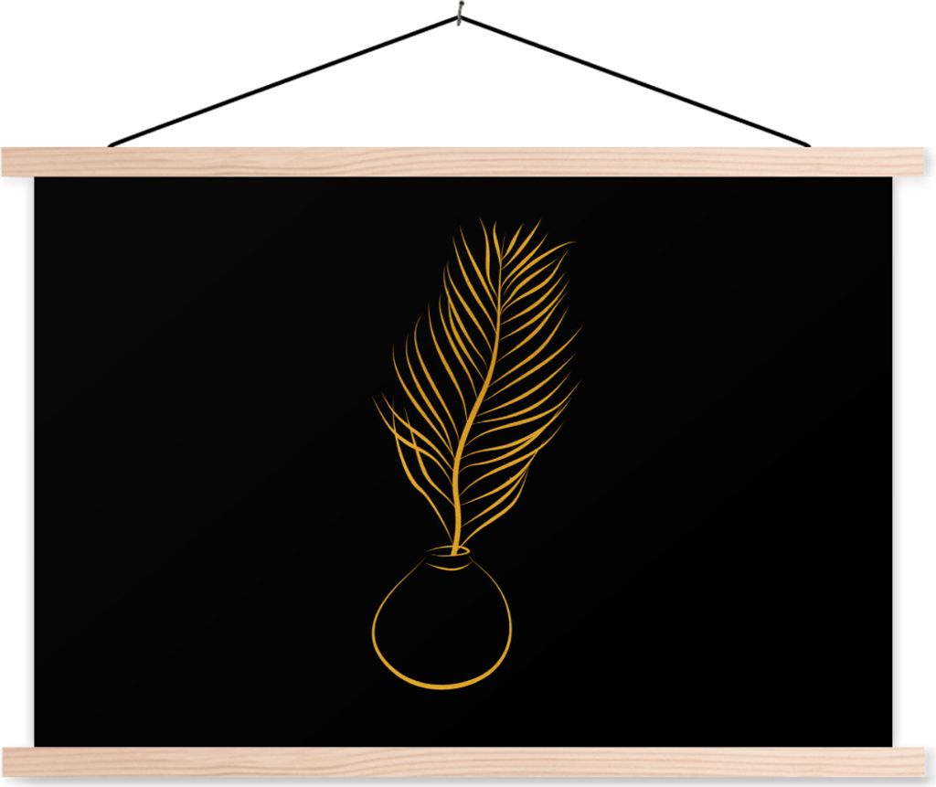 MuchoWow Textilposter Topf - Pflanze - Gold - Linienkunst 60x40 cm mit holzfarbenen Rahmen - Bilder