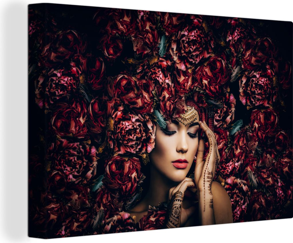 OneMillionCanvasses - Leinwandbilder - 150x100 cm, Frau - Blumen - Henna - Porträt, Wandbilder Kunstdruck Wanddekoration - Foto auf Leinwand - G...