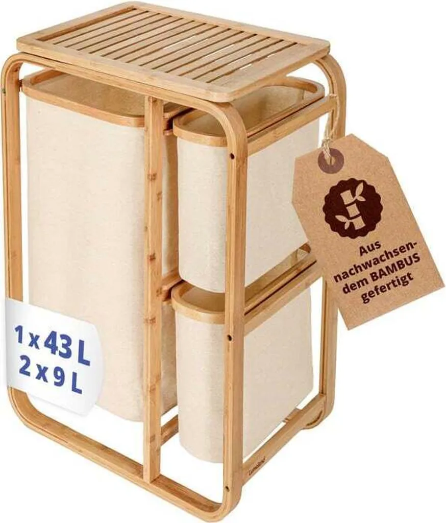 Panier à Linge en Bambou Double Compartiment - Meuble de Rangement Gris