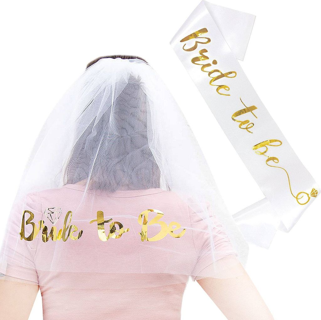 Oblique Unique JGA Hochzeit Party Accessoire Set - Bride to Be Schärpe + Haarkamm mit Brautschleier weiß gold
