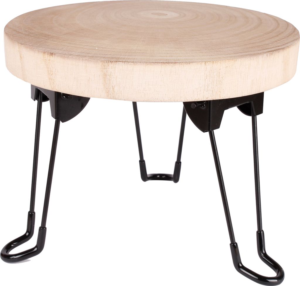 A small, round wooden table with black metal legs, shown from a slightly elevated angle.