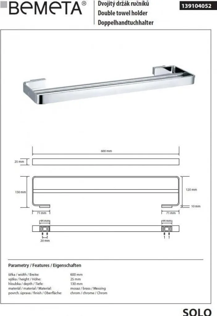 Porte-serviette double SOLO 60 cm en laiton chromé pour salle de bain