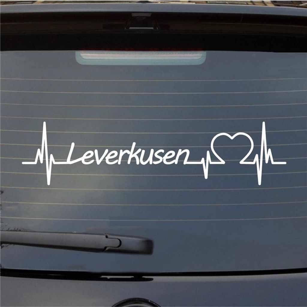 Heckscheibenaufkleber Leverkusen Herzschlag Puls Stadt Liebe 55x13 cm Weiss Glanz Auto Aufkleber Sticker
