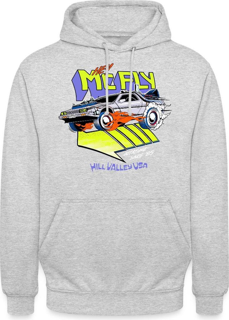 Spreadshirt Zurück In Die Zukunft Hey McFly Delorean Uni Hoodie, XL, Hellgrau meliert