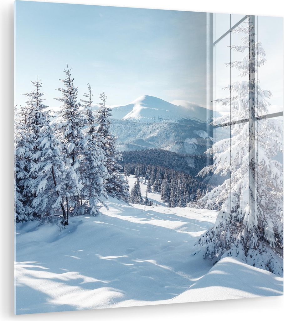MuchoWow Glasbilder - Bilder auf Wandbild - Foto auf Glas Winterlandschaft - Natur - Berge - Bäume - Schnee 30x30 cm Wanddekoration aus Glas - Acr...