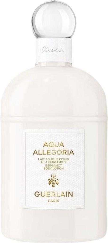 A white bottle of Guerlain Aqua Allegoria Bergamote Calabria body lotion with a gold label.