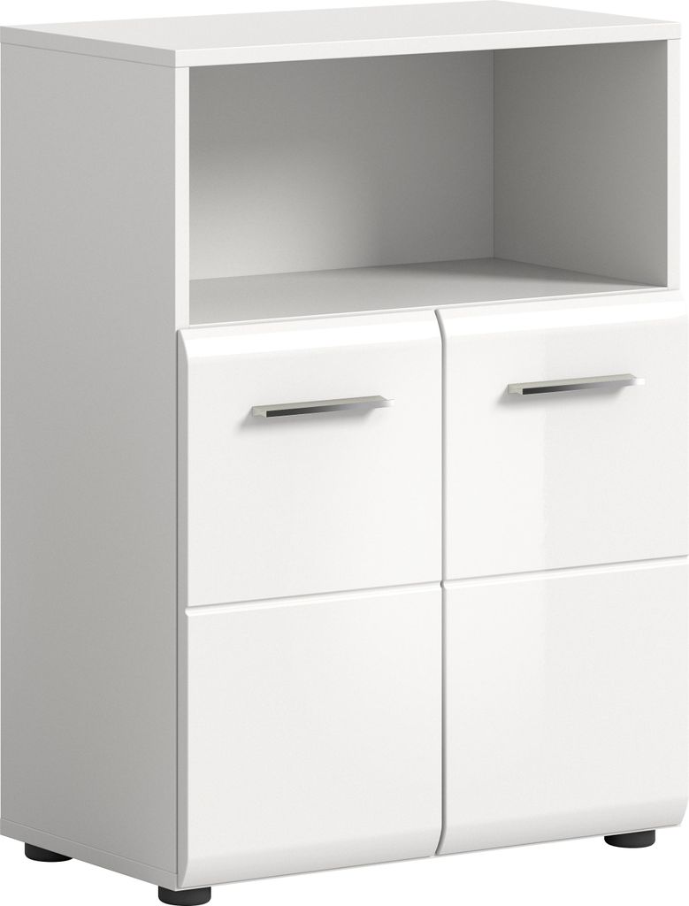 A white high-gloss cabinet with four doors and an open shelf at the top.