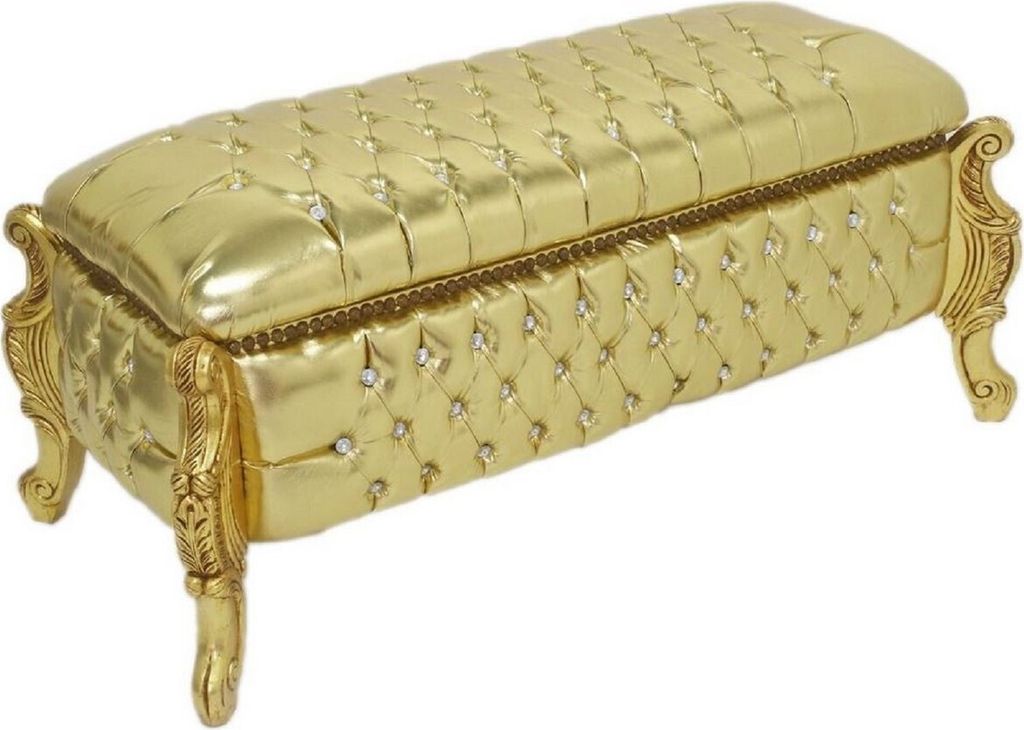 Casa Padrino Barock Sitzbank / Truhe Gold Lederoptik / Gold - Gepolsterte Massivholz Bank mit Glitzersteinen - Möbel im Barockstil
