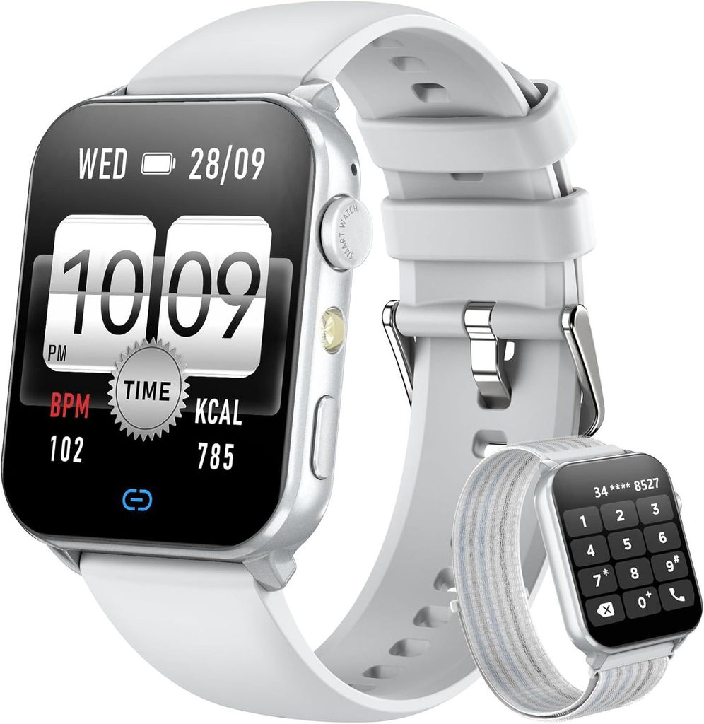Blackview Smartwatch Herren Damen Bluetooth Anrufe LED Leuchten 2 Armbänder Silikon Nylon Sportuhr Puls Schlaf Schritte Kalorien Kilometer Monitor...