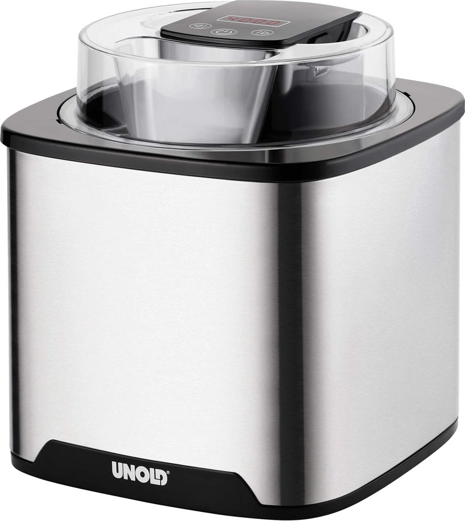 A stainless steel ice cream maker with a clear lid and digital display.