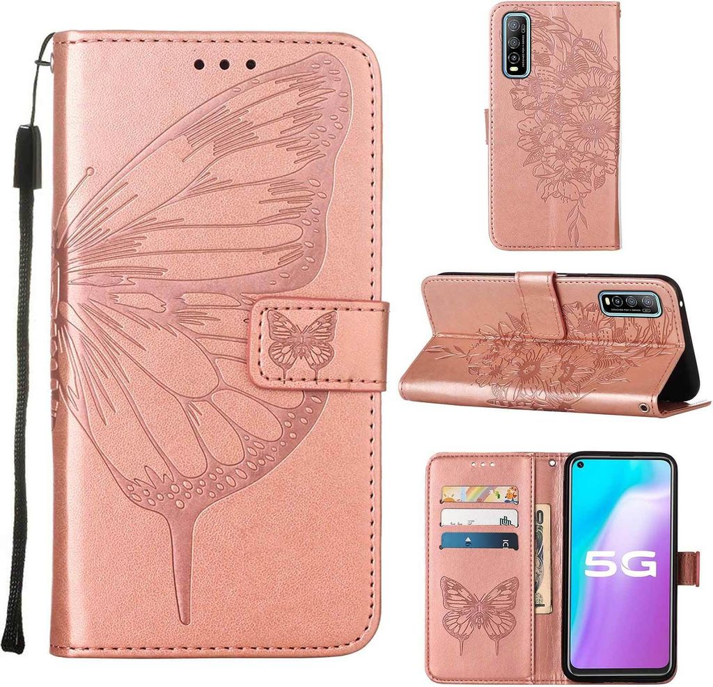 VIVO Y51S 5G Hülle, Schmetterling Prägung Flip Leder Kartenfächer Schutzhülle Ledertasche mit Ständer für VIVO Y51S 5G / Y70S / IQOO U1 Rosé...