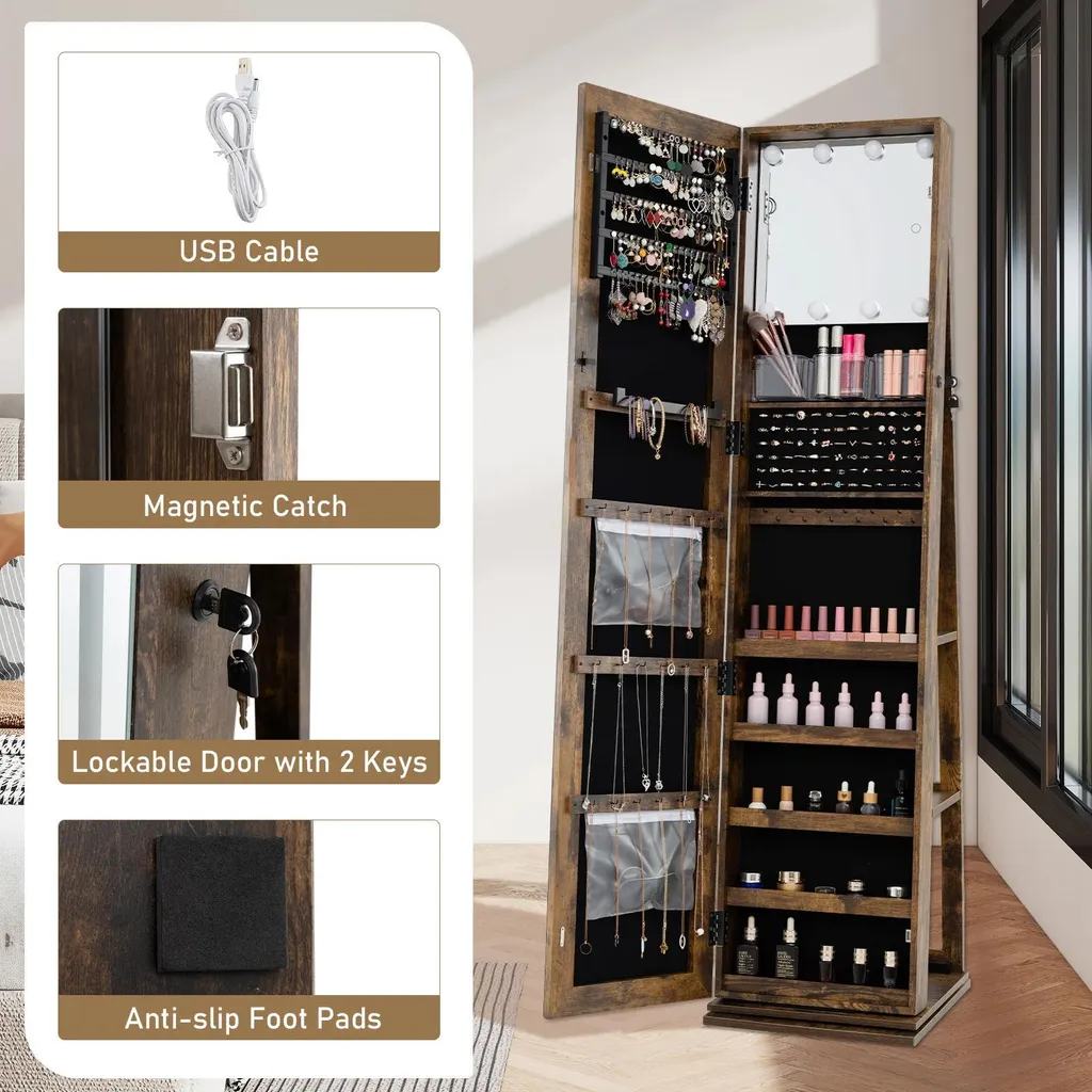 Psyché Miroir Armoire à Bijoux Rotative avec Éclairage LED Intégré - 4