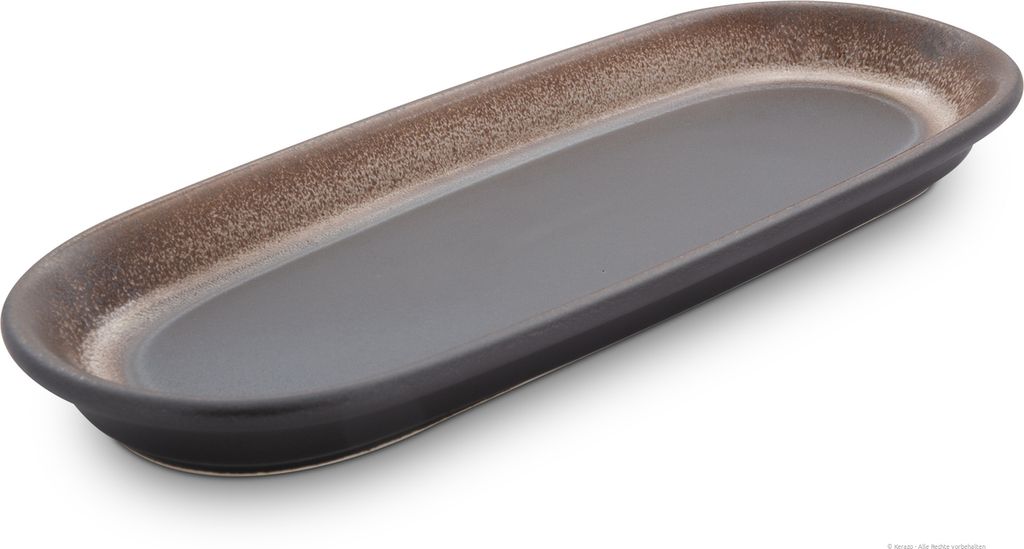 Original Bunzlauer Keramik Snackplatte Servierplatte Platte Teller klein länglich schmal oval 28,3x11,1x2,5 cm Design ZACIEK (Braun)