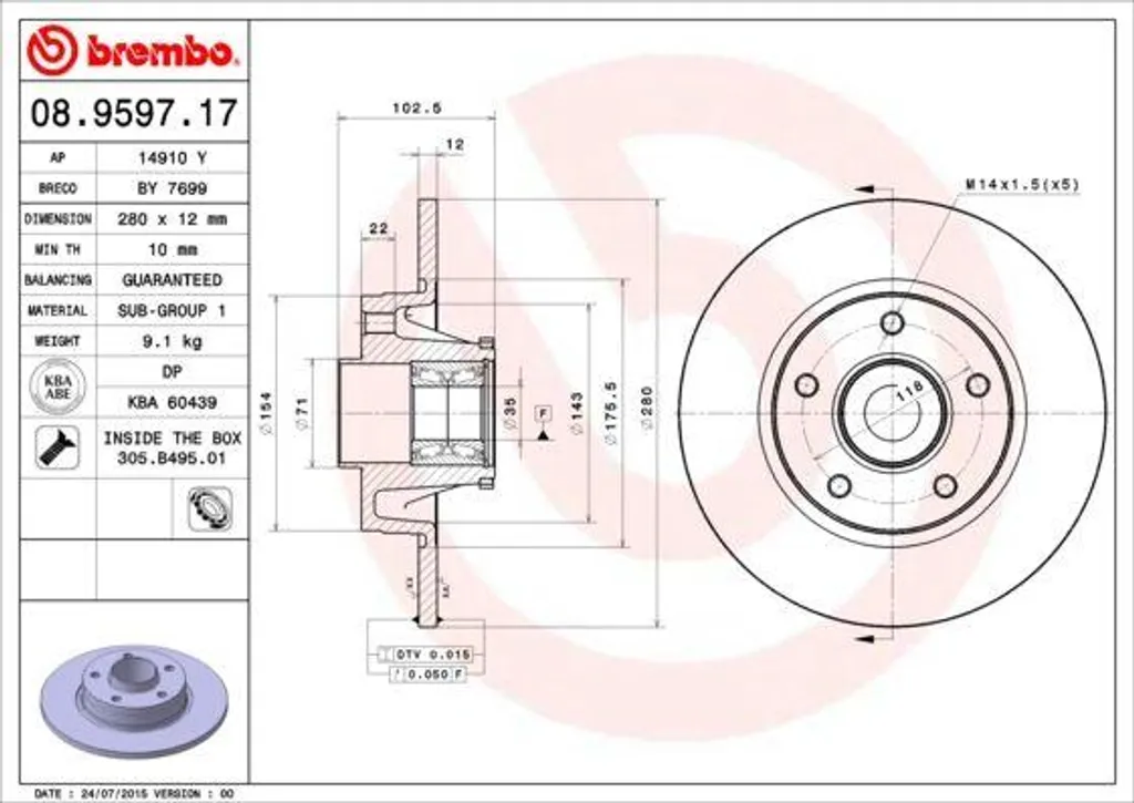 Disque de Frein Brembo 08.9597.17 Haute Résistance pour Primastar X83
