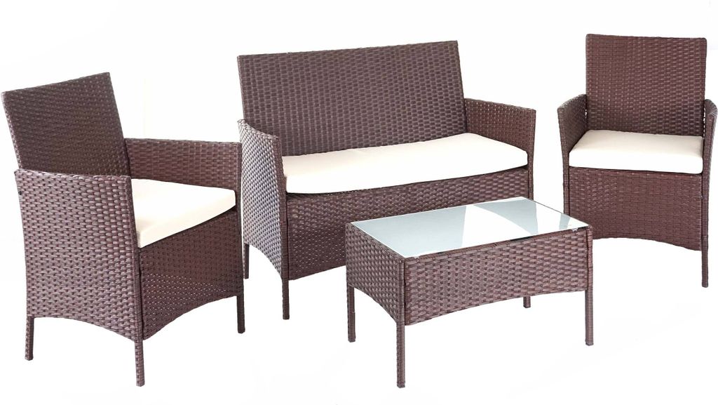 Poly-Rattan Garten-Garnitur MCW-D82, Sitzgruppe Lounge-Set braun-meliert mit Kissen creme