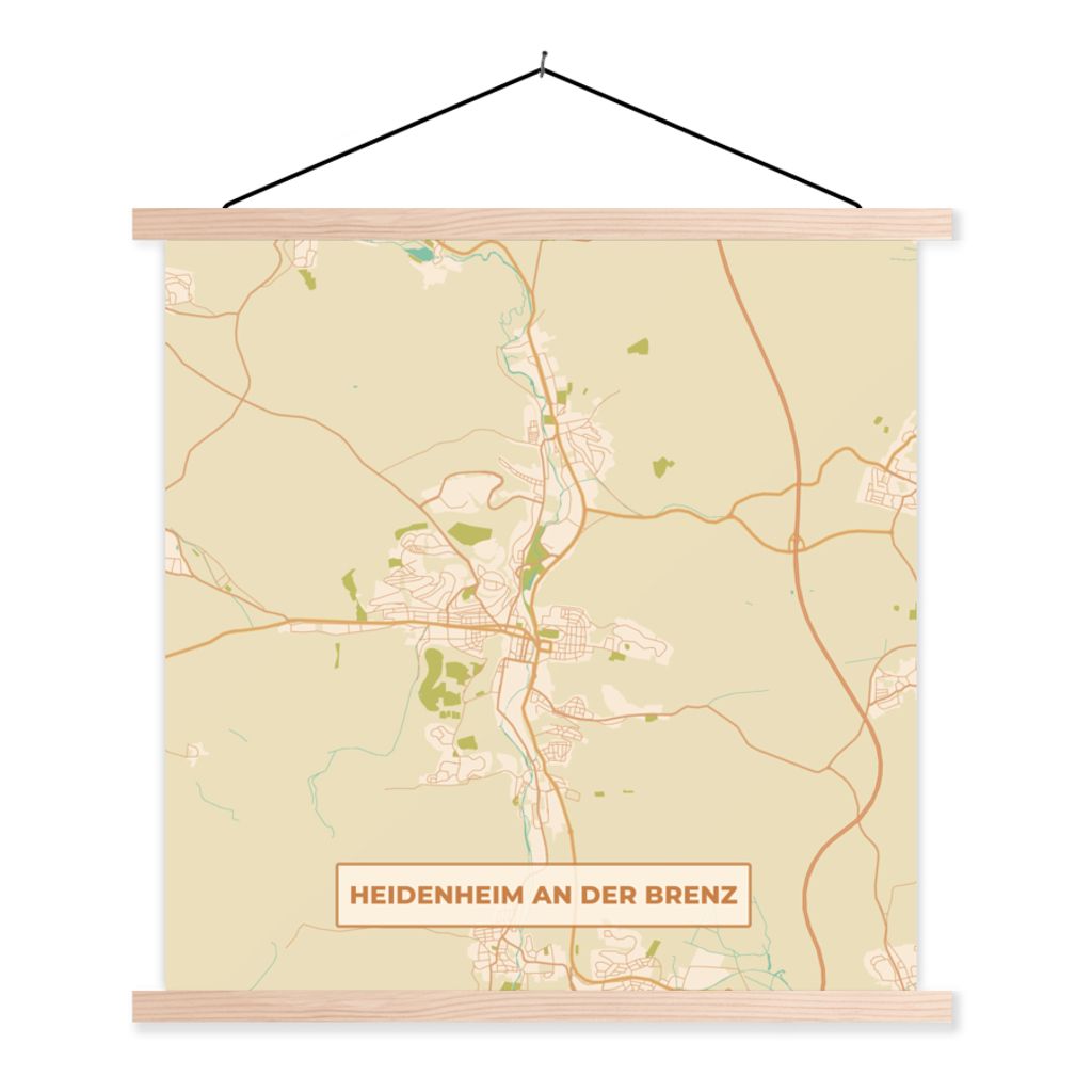 MuchoWow Textilposter Jahrgang - Stadtplan - Heidenheim an der Brenz - Karte 60x60 cm mit holzfarbenen Rahmen - Wanddekoration