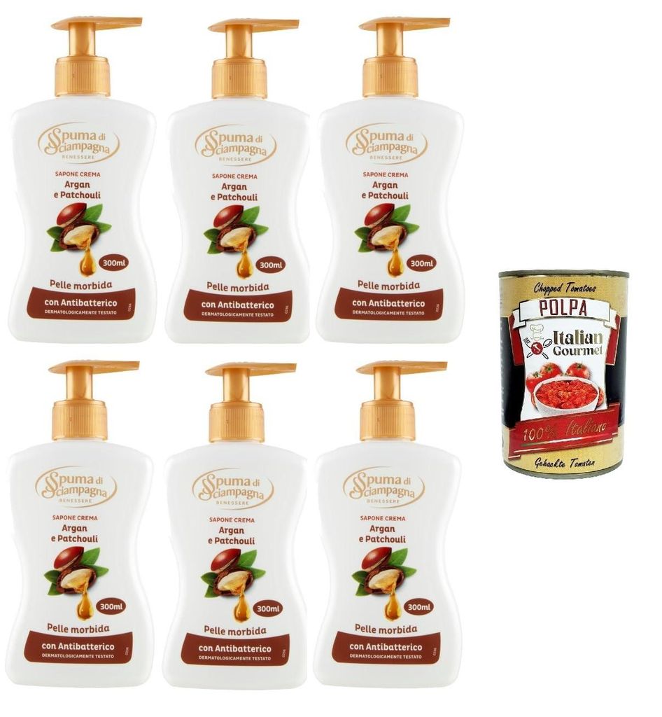 Spuma di sciampagna Sapone Crema Argan und Patschuli -Cremeseife 6x 300ml+ Italian Gourmet polpa 400g