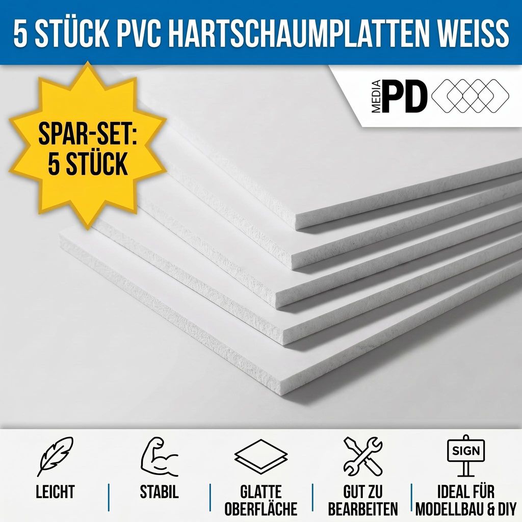 PVC Hartschaumplatte Weiß 10mm 20x30cm 5 Stück Produktbild 