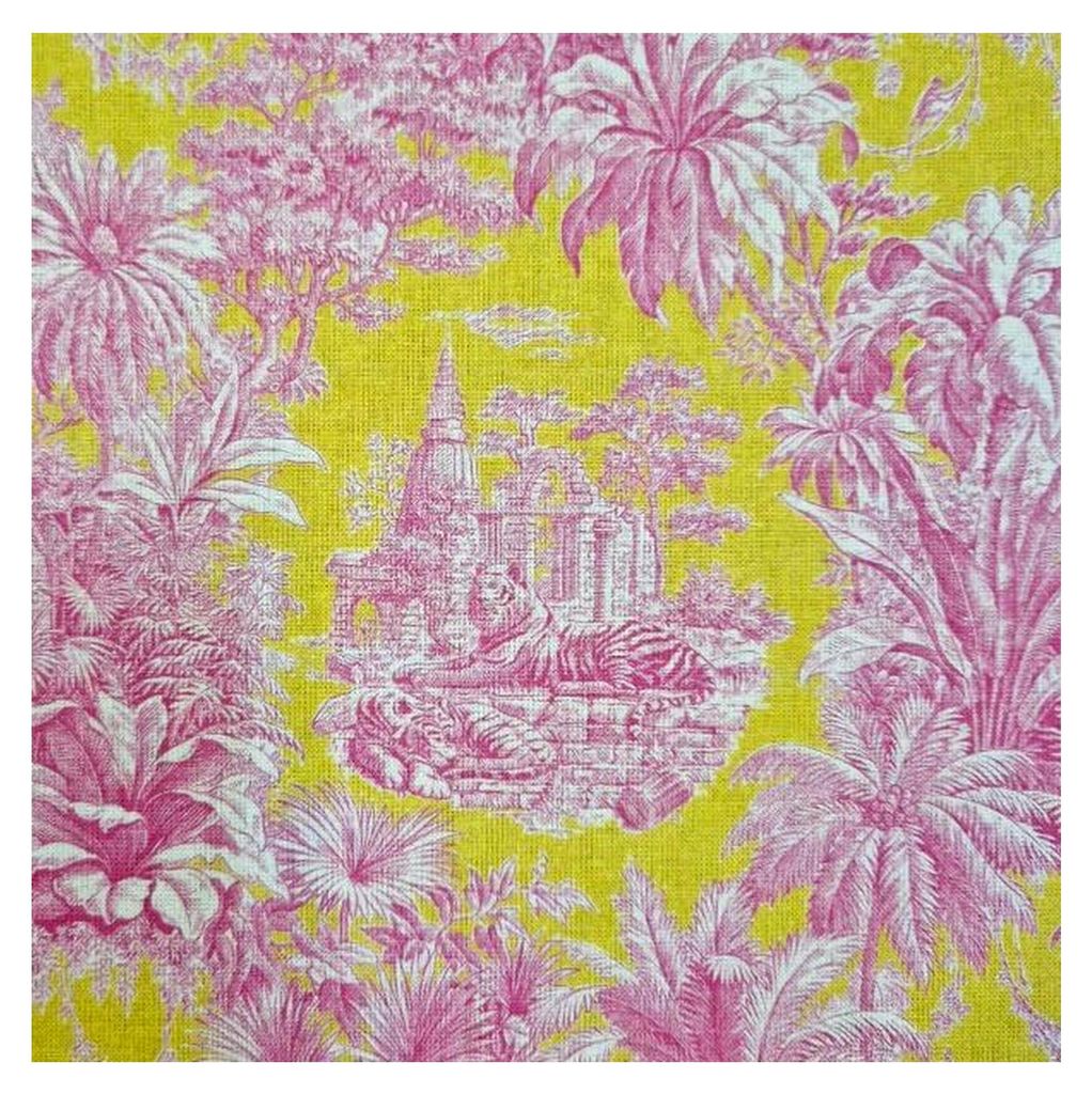 Meterware – Exotischer Dschungel mit Elefant – Maharani Toile de Jouy Stil in Gelb & Fuchsia – Stoff für Kleidung, Kissen, Vorhänge, Patchw...