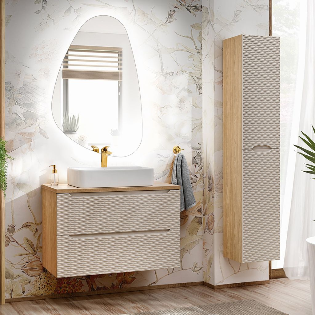 Badmöbel Set 3-teilig mit 90cm Waschtisch, Eiche mit beige, OLUO-56-BEIGE
