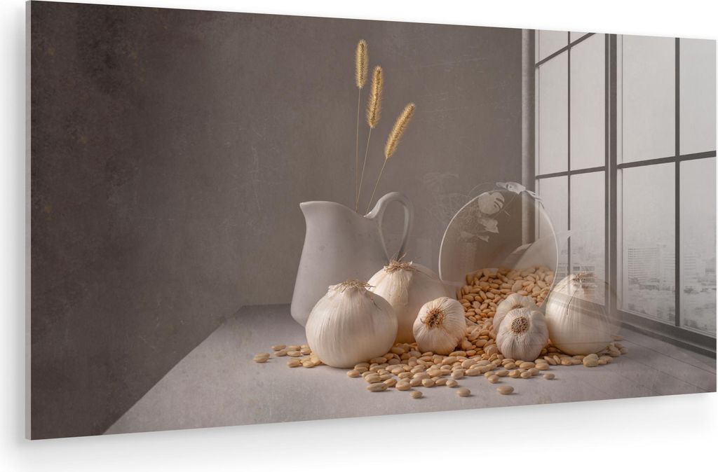 MuchoWow Glasbilder - Bilder auf Wandbild - Foto auf Glas Zwiebeln - Stilleben - Weiß - Beige 40x20 cm Wanddekoration aus Glas - Acrylglasbild - A...