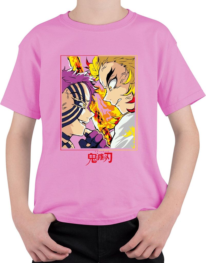 Demon Slayer Rengoku vs Akaza Flammen Kampf Anime Manga Geschenk Uni Kinder T-Shirt, Pink, 152