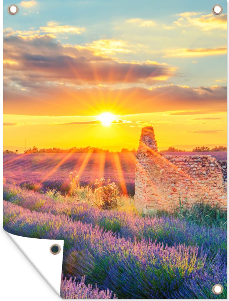 MuchoWow 30x40 cm Outdoor-Poster Gartendeko Sichtschutz Garten Poster für den Garten Lavendel - Sonnenuntergang - Ruine - Lila