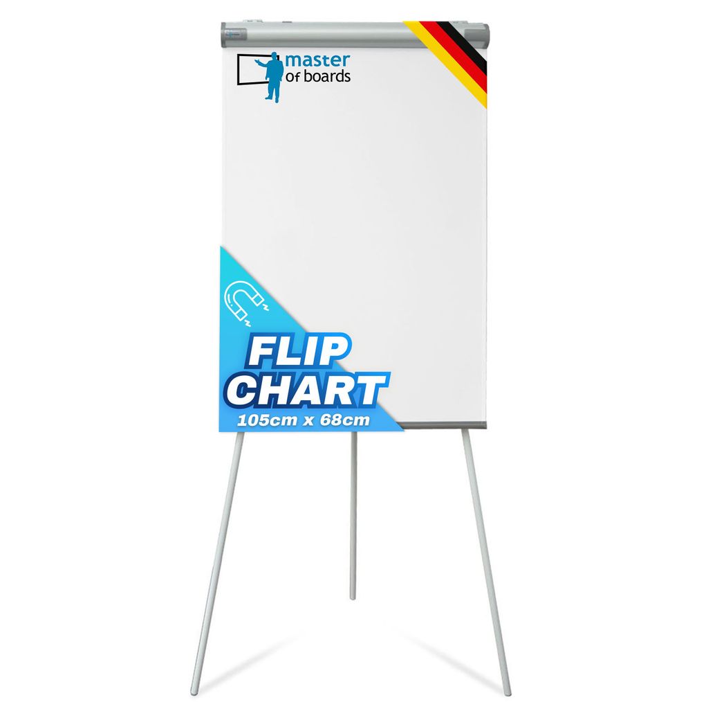A white flipchart on a tripod stand, with branding and product information.