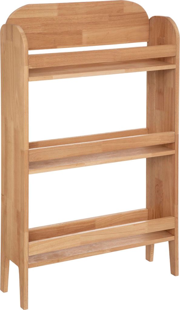 A wooden bookshelf with three shelves against a white background.
