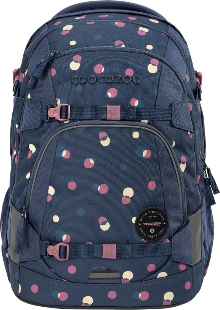 A blue backpack with a polka dot pattern.