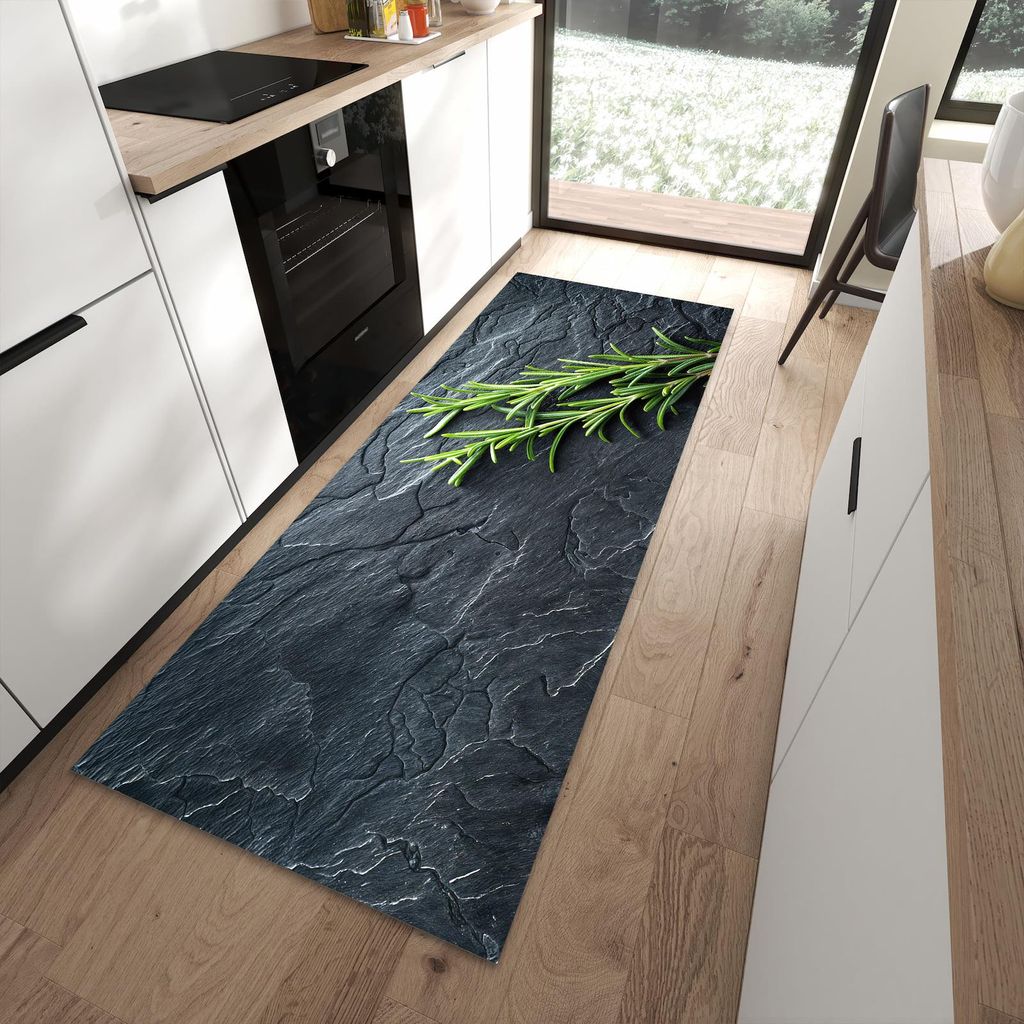 Küchenteppich 90x240cm rutschfest & abwischbar PVC Läufer - Rosmarinzweig Slate