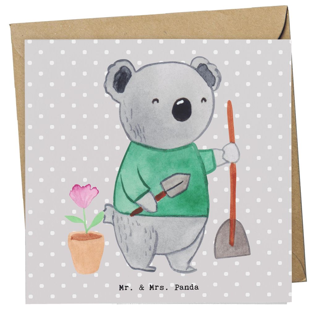Mr. & Mrs. Panda Glückwunschkarte Garten- und Landschaftsbauerin Herz - Grau Pastell - Geschenk, Gartenbau, Gartenarbeit, faltkarte, Klappkarte, G...