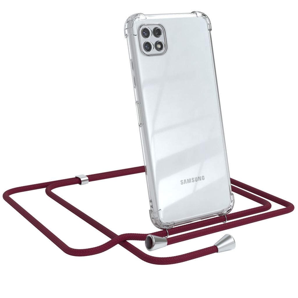 EAZY CASE Handykette kompatibel mit Samsung Galaxy A22 5G, Handyhülle mit Umhängeband, Handykordel, Schutzhülle Clear, Band in Rot