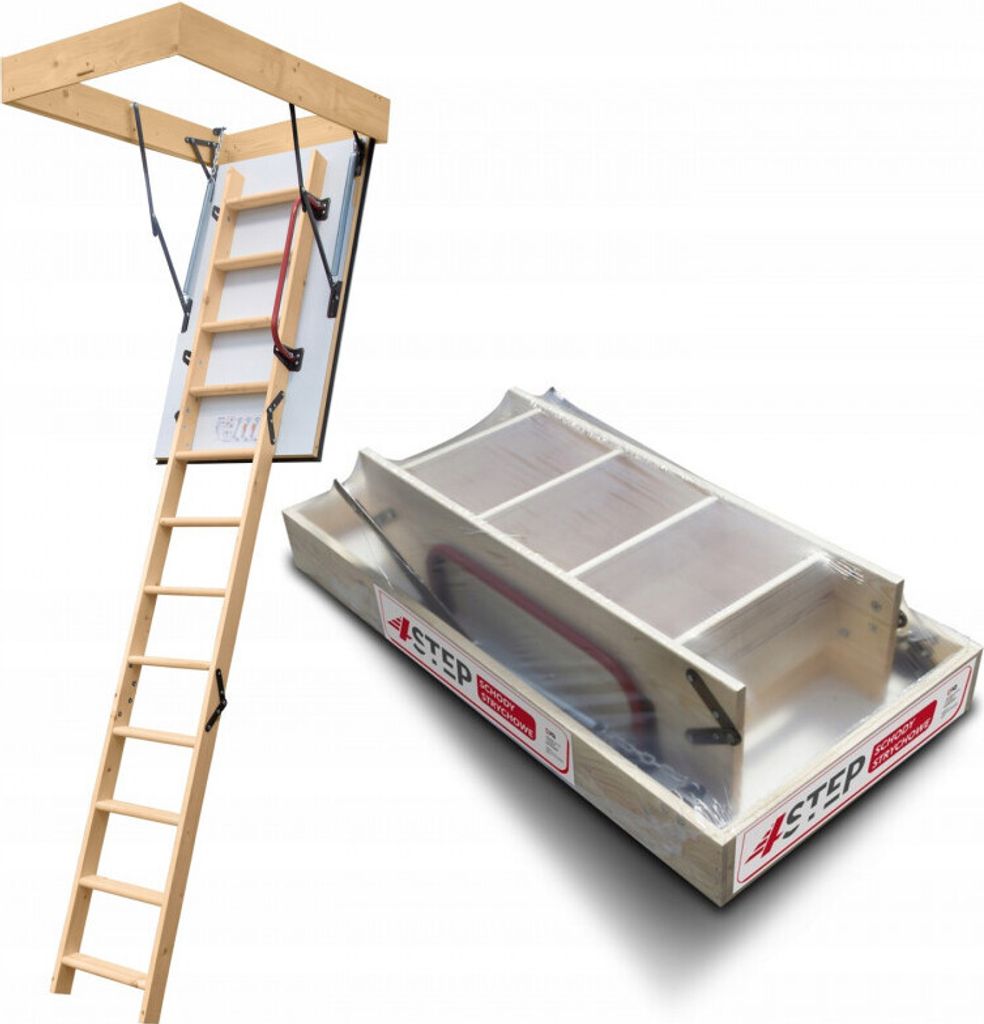 A wooden attic ladder is shown in both an extended and a folded state against a white background.