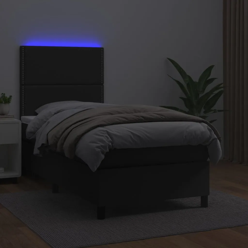 Lit Boxspring 90x190 cm similicuir noir LED et matelas grand confort