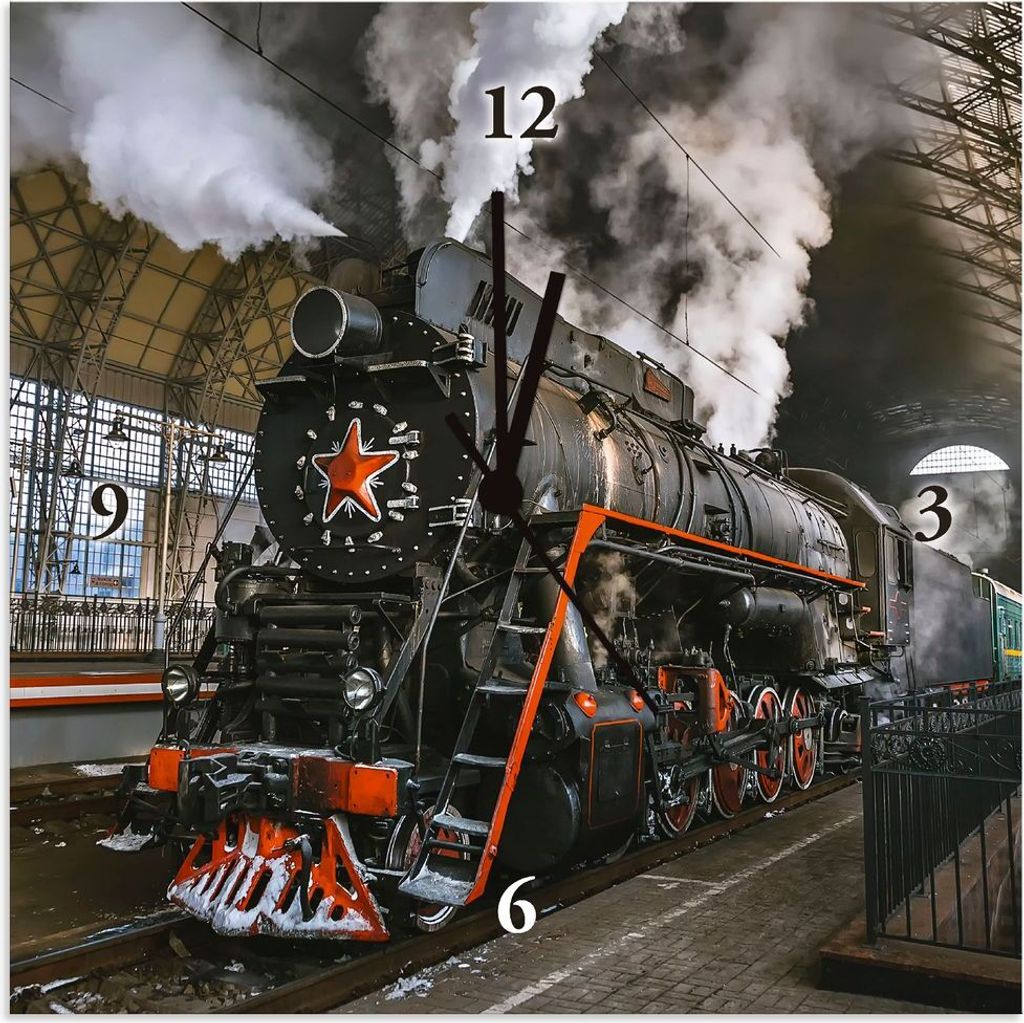 ARTland Wanduhr auf Alu Quarzuhr - schwarzer Zeiger Sowjetische Dampflokomotive Größe: 30x30 cm