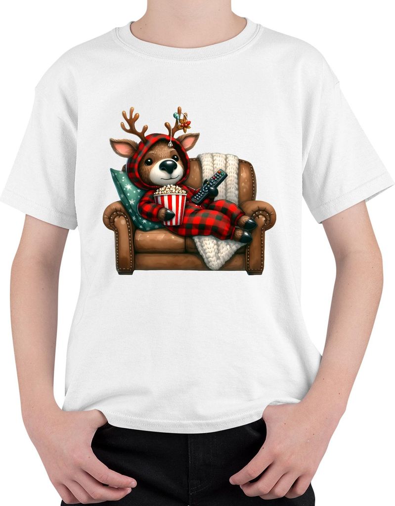 Weihnachtsrentier Kuschelig Popcorn Sofa Filmabend Geschenk Uni Kinder T-Shirt, Weiß, 104