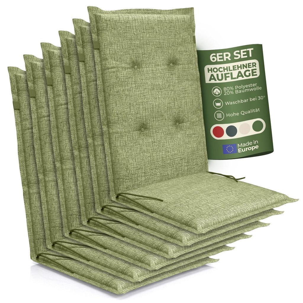 Hochlehner Auflage Florence– Gartenstuhlauflage Hochlehner, Sitzkissen Stuhl, Stuhlkissen & Outdoor Kissen für Gartenmöbel, Farbe:Grün, Anzahl:6