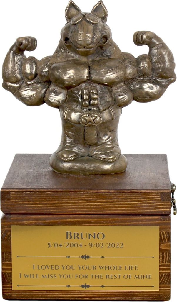 Bull Terrier, Bullterrier II - Eine Ascheurne für Hunde mit einer Statuette, eine kleine Urne für Hunde, eine personalisierte Urne mit dem Portr...