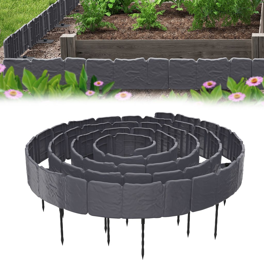UISEBRT 20er Pack 5m Rasenkante Beetumrandung in Anthrazit, Mähkante mit Erdspießen, Steinoptik Beeteinfassung, Gartenbegrenzung für Rasen, Beet...