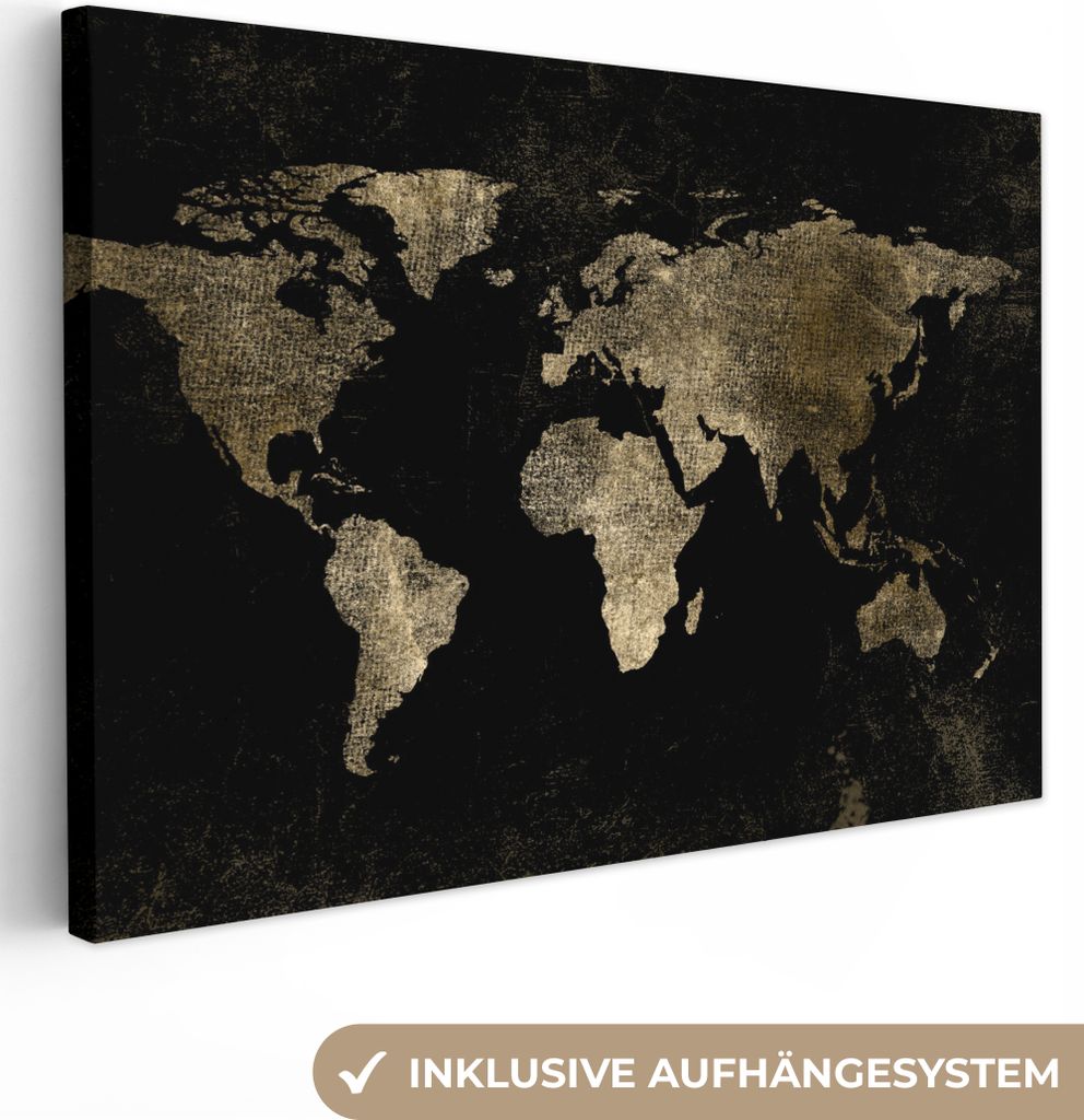 OneMillionCanvasses - Leinwandbilder - 150x100 cm, Weltkarte - Schwarz - Gold, Wandbilder Kunstdruck Wanddekoration