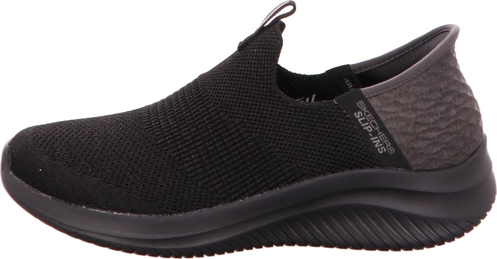 A side view of a black Skechers slip-on sneaker.
