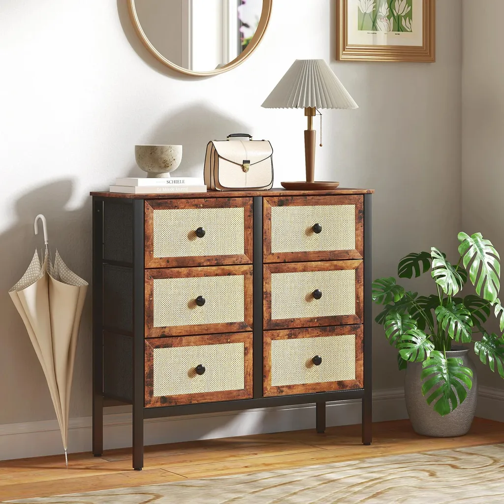 Commode 6 tiroirs pliables gain de place brun rustique finition mate